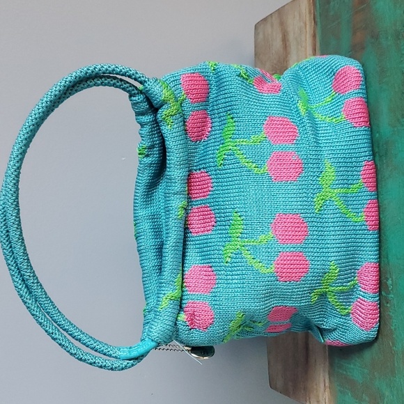 The Sak Teal and Pink Cherry Crochet Handbag Purse w/ Sequin Detail ~Y2K~ - Picture 5 of 14
